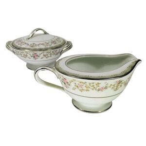 Noritake China Edgewood 5807 Sugar Bowl with Lid and Creamer Set Pink Roses‎